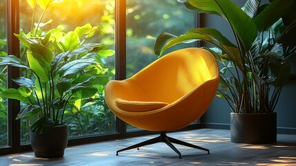 Fototapeta premium A yellow chair sitting in front of a window next to a potted plant