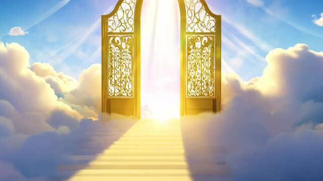 Open golden gates of Paradise against white clouds. Entrance to the afterlife for the righteous. Open gates lead to Paradise, a tranquil entrance for the righteous souls.