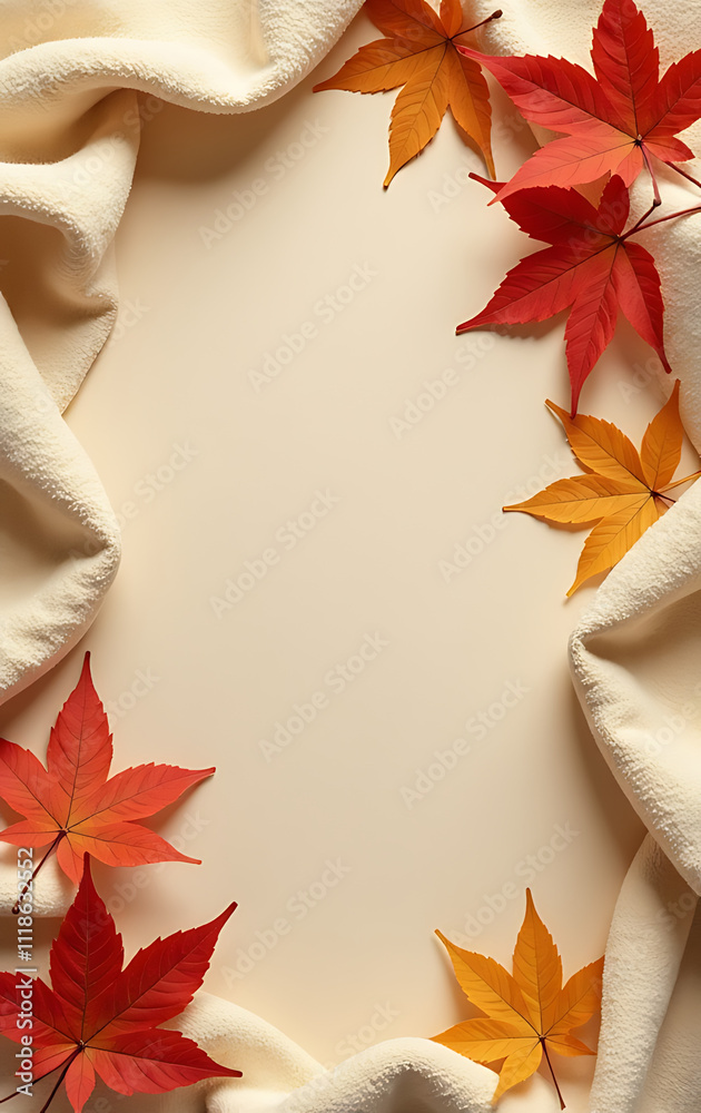 Fototapete a high angle view of a warm blanket surrounded by maple leaves, set against an empty beige backgroun