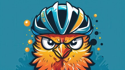 Obraz premium Cartoon bird face with a bike helmet, cycling background with trails