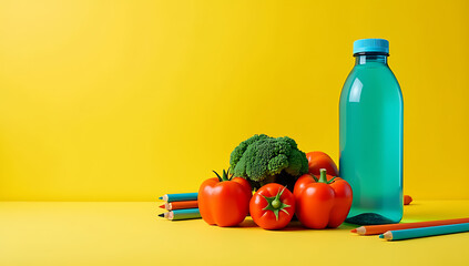 A healthy school snack featuring fresh vegetables, a water bottle, and various school supplies on a vibrant yellow background is shown._00001_