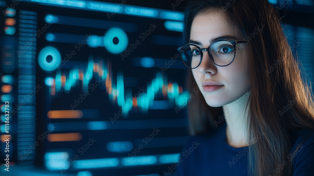 Poster focused woman in glasses analyzes data on digital screen, surrounded by graphs and charts in modern 
