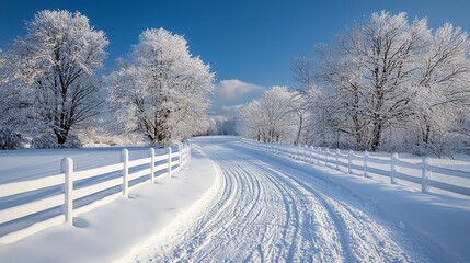 Obraz premium A snow covered road with a white fence and trees