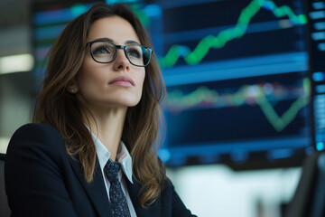 Fototapeta premium Business woman in sophisticated office analyzing stock market trends on multiple screens, focused and determined