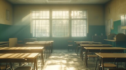  Empty Classroom with Japanese School Tables and Chairs