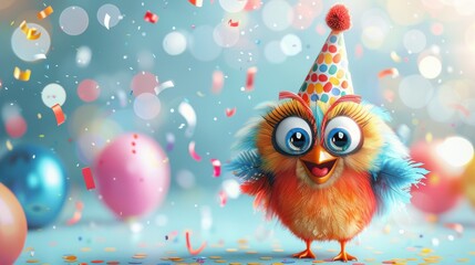 Cartoon bird face with a birthday hat, party background with confetti