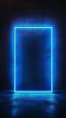 Neon Blue Portal: A mesmerizing digital art piece featuring a glowing blue neon rectangle, casting ethereal light onto a dark, concrete-like surface.