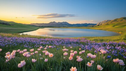 Obraz premium Serene Landscape with Vibrant Wildflowers and Calm Lake at Sunset Reflecting Mountains in Tranquil Natural Setting
