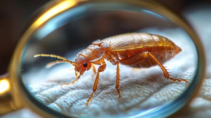 A close up of a bed bug under a magnifying glass