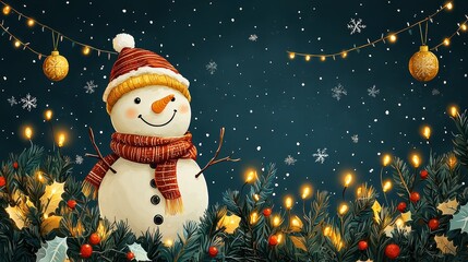 A snowman wearing a red hat and scarf standing in front of a Christmas tree