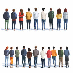 Diverse Group of People Standing in Row Back View Vector Illustration