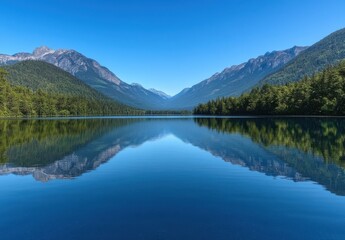 Serene Mountain Lake Surrounded by Lush Forests and Majestic Peaks Reflecting in Crystal Clear Waters on a Bright Sunny Day