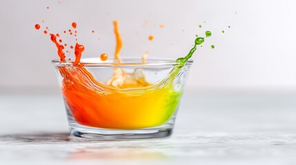 A glass filled with orange and green liquid splashing out of it