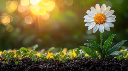 A single white flower sitting on top of a bed of dirt