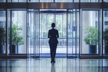 Fototapeta premium Person stands before glass revolving doors, plants visible.