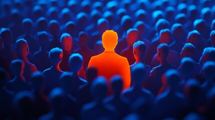 Fototapeta premium Leader concept, A person wearing dark glowing orange is standing in the center of an audience