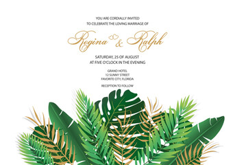 Template for invitation to a wedding or other holiday. Palm leaves gathered in a bouquet on a white background. Invitation or greeting card. Vector illustration.