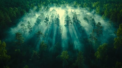 Obraz premium A forest filled with lots of green trees covered in fog