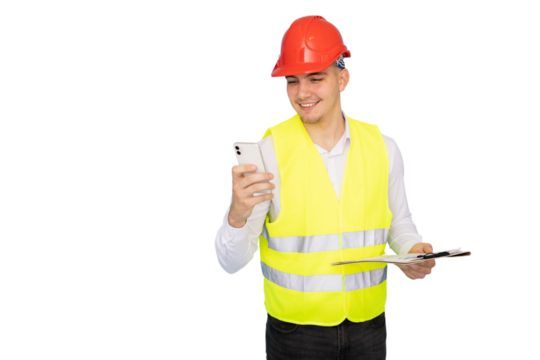 Confident architect in safety helmet and reflective vest