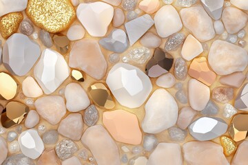 A close up of a rock wall with a gold and white color scheme. The rocks are of various sizes and shapes, and the overall effect is a warm and inviting atmosphere