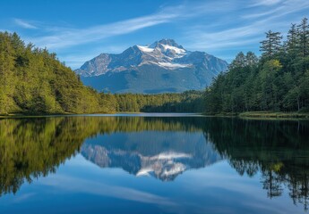 Serene Mountain Landscape with Reflections in Tranquil Lake Surrounded by Green Forest and Clear Blue Sky, Capturing Nature's Beauty in a Peaceful Setting