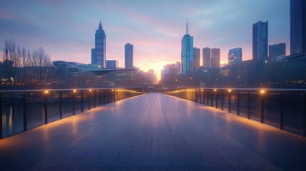 Obraz premium City skyline at dawn featuring an empty square floor and a futuristic bridge