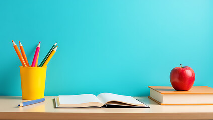 A desk is shown in a side view photo featuring various school supplies and a fresh apple on a blue wall._00001_