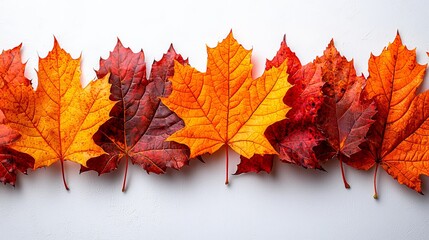 Fototapeta premium A row of red and yellow maple leaves on a white surface