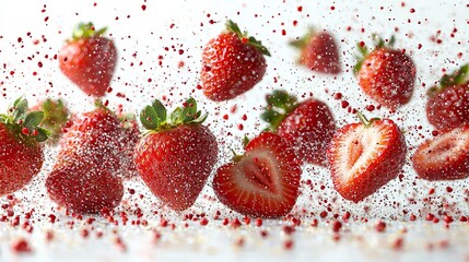 A bunch of ripe strawberries falling into the air