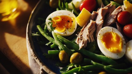 Fresh close-up of a colorful French salade niçoise with tuna, green beans, hard-boiled eggs, olives, cherry tomatoes, and leafy greens, elegantly arranged on a rustic plate.
