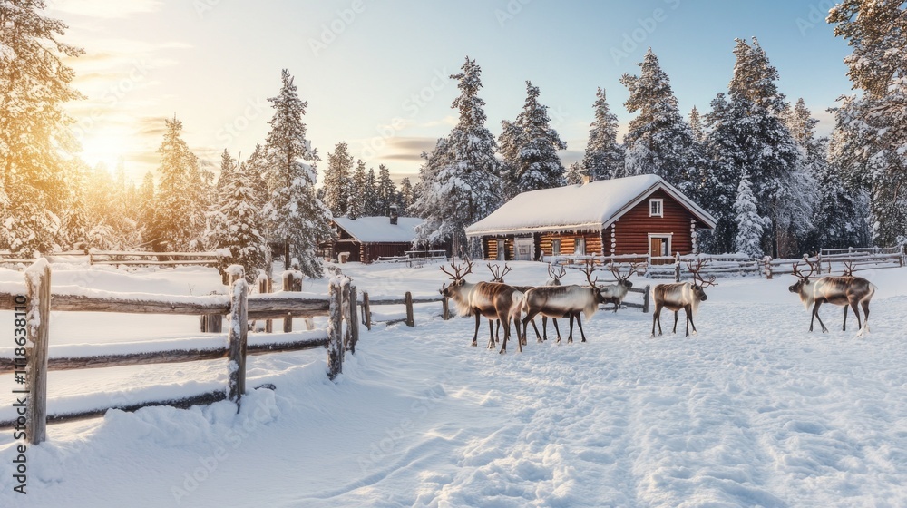 Poster a serene herd of reindeer moves through a blanket of fresh snow near a rustic cabin surrounded by to