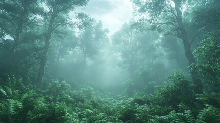 Fototapeta premium A foggy forest filled with lots of trees and ferns