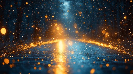 A road in the middle of a forest at night