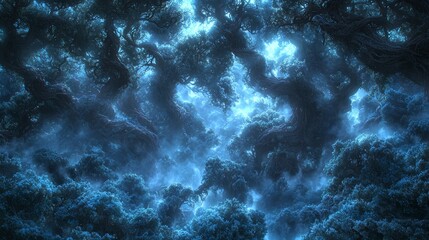 Fototapeta premium A dark forest filled with lots of trees covered in fog