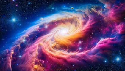 Fototapeta premium a vibrant nebula with swirls of pink blue and yellow gas against a background of twinkling stars