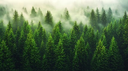 Fototapeta premium A forest filled with lots of green trees covered in fog