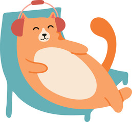 Cartoon ginger cat wearing headphones is relaxing and enjoying music while lying on a comfortable chaise lounge, creating a cozy and playful scene
