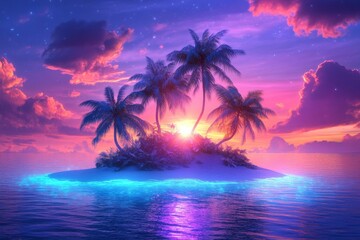 Tropical island sunset, vibrant colors, palm trees.