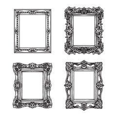 Hand drawn sketch style vintage picture frames set. Square baroque Victorian borders. Vector illustrations isolated on white.