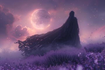 Fototapeta premium A mystical figure surrounded by vibrant lavender fields under a moonlit sky.