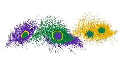 Obraz premium Vibrant Mardi Gras Peacock Feathers, flat vector design, transparent background, isolated on white, PNG file