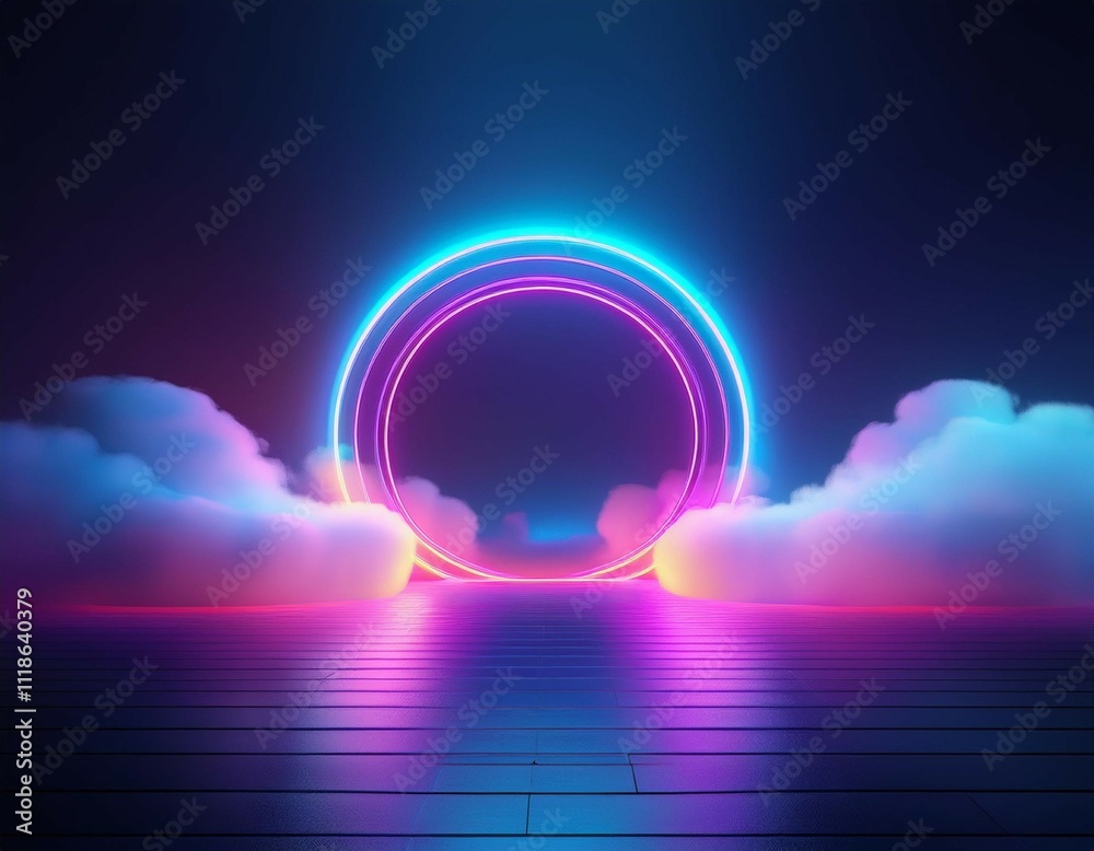 Sticker abstract neon background with illuminated cloud and round geometric arch in mystical foggy scene ren