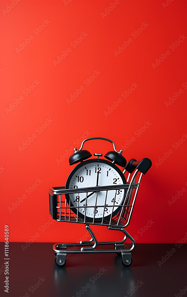 Poster A black alarm clock sits alone in a shopping cart on a black table against a vibrant red wall backdrop with ample empty space._00001_
