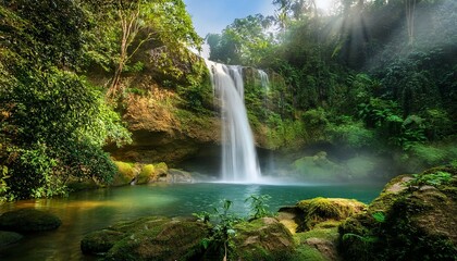 serene waterfall surrounded by lush greenery mist rising from plunge pool below serene waterfall lush greenery mist