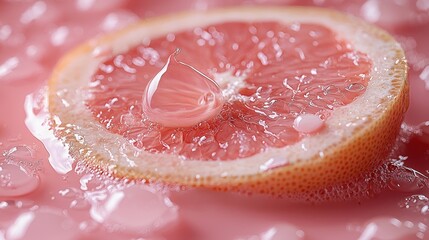 A slice of grapefruit with water droplets on it