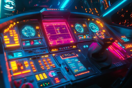 Futuristic vehicle control panel; vibrant neon lights.