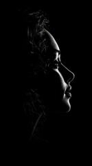 Shadowed Beauty: A dramatic black and white profile portrait of a woman, her face subtly illuminated against a dark background, conveying mystery and elegance. 