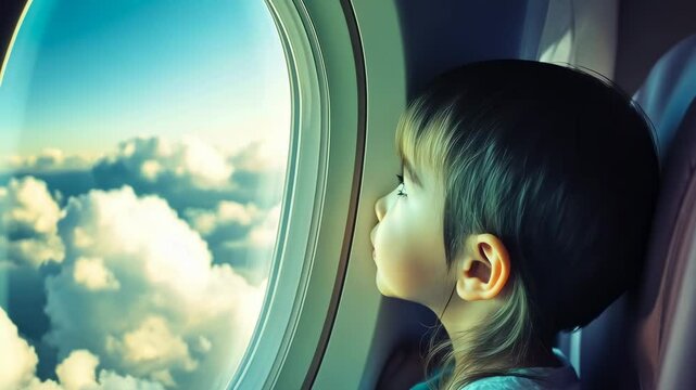 A young Asian girl looks wistfully through an airplane window, capturing the essence of childlike wonder and travel. She wears a blue outfit, highlighting daytime sky gazing.