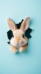 Obraz premium Bunny Peek-a-Boo: An adorable bunny rabbit pops its head through a torn light blue background, creating a playful and charming image perfect for Easter, spring, or pet-themed projects. 