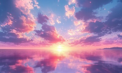 Fototapeta premium Serene Sunset Over Tranquil Water with Colorful Clouds Reflecting in the Calm Waves, Perfect for Relaxation and Dreamy Landscapes in Nature Photography